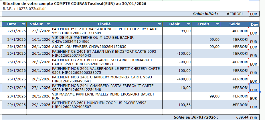 Fichier Excel Crédit Mutuel — Détail des transactions