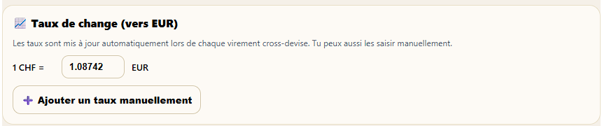 Stateri — Section taux de change avec 1 CHF = 1.08742 EUR