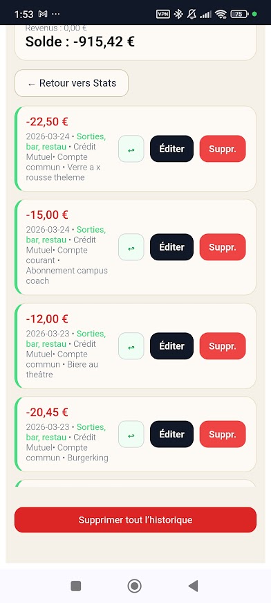 Stateri — Onglet Historique filtré par catégorie